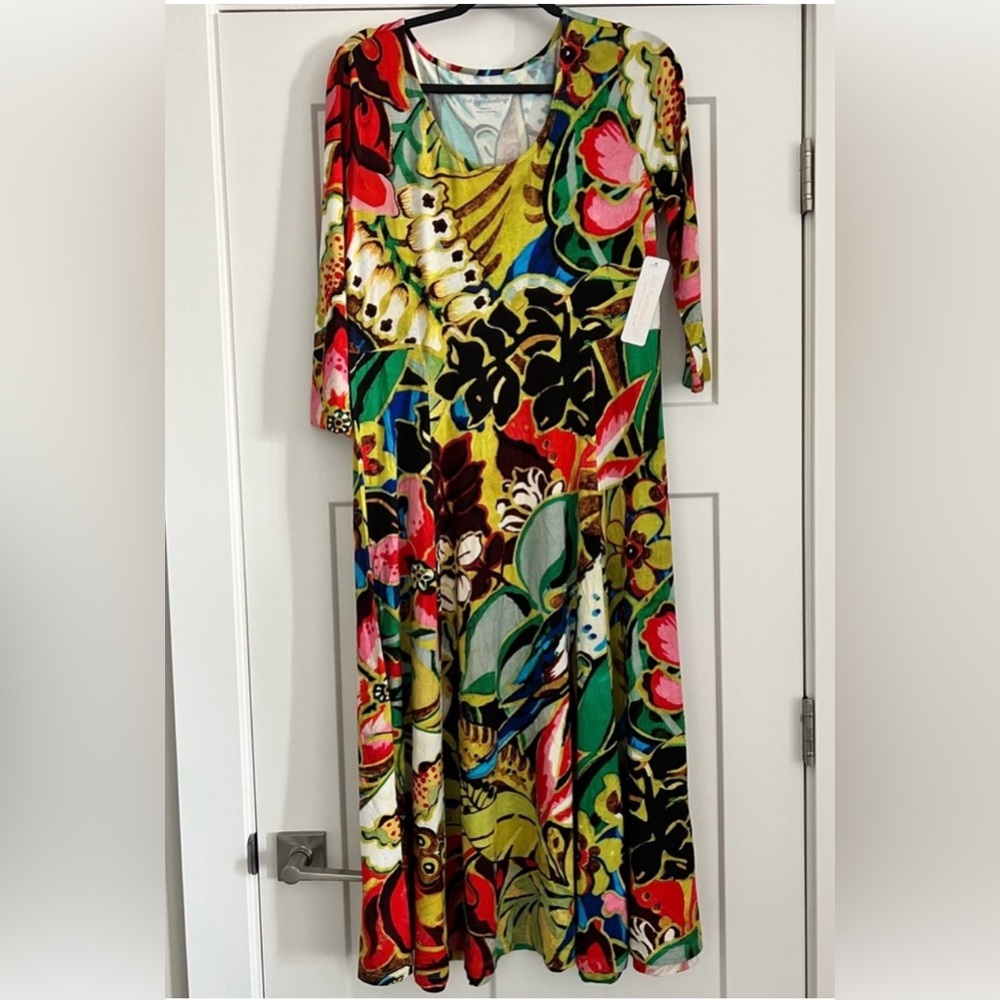 Soft Surroundings Magnolia Dress Golden Green Floral Midi Women’s Size Medium - Picture 2 of 10